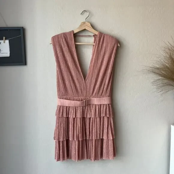 Sabina Musayev Dress Skylar Pink‎ Metallic Plisse V-Neck Sleeveless Minidress M - Picture 2 of 9